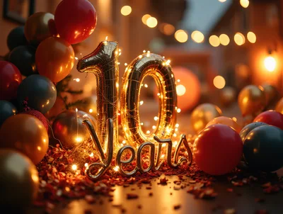 Golden 10th Anniversary Celebration With Balloons And Lights
