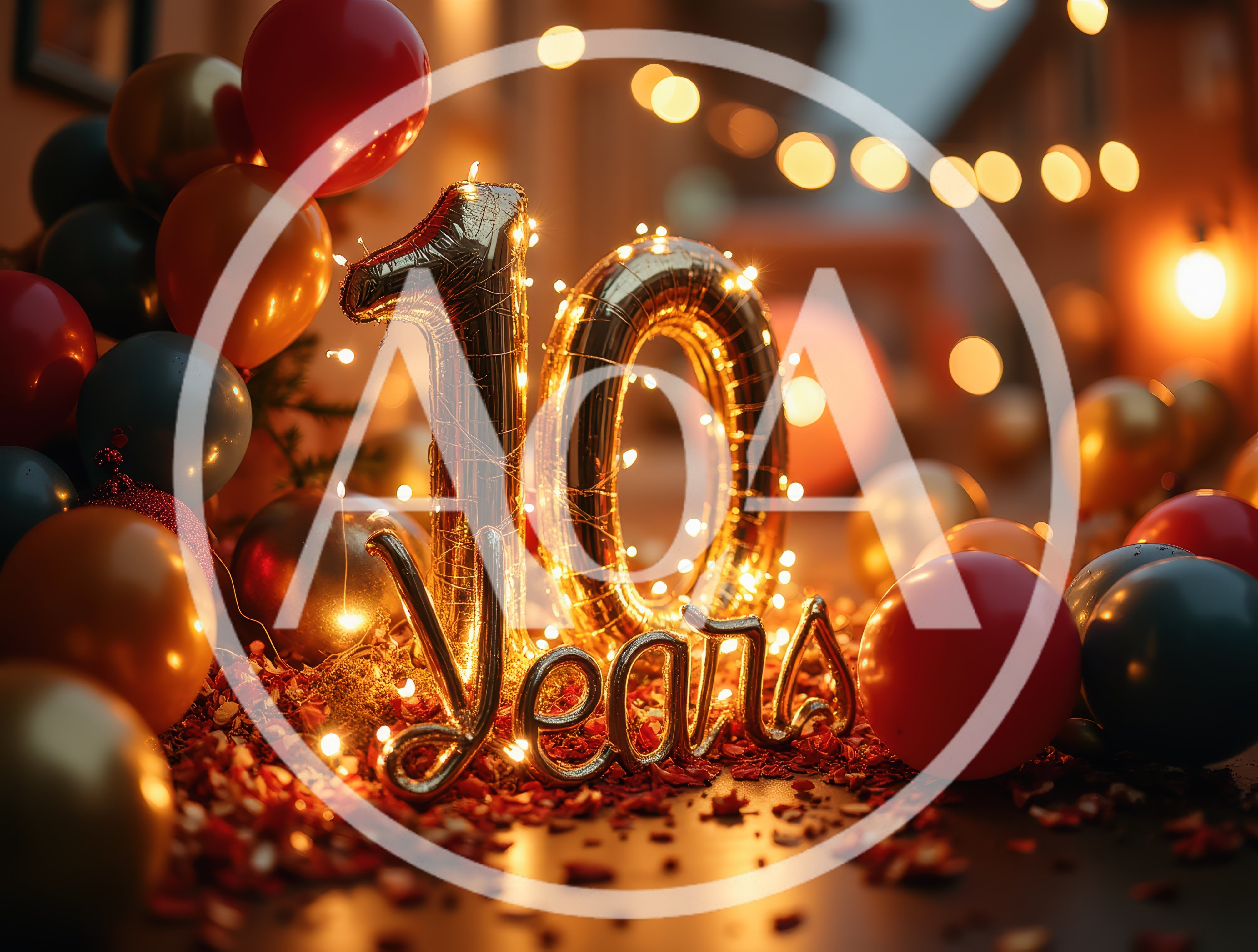 Golden 10th Anniversary Celebration With Balloons And Lights