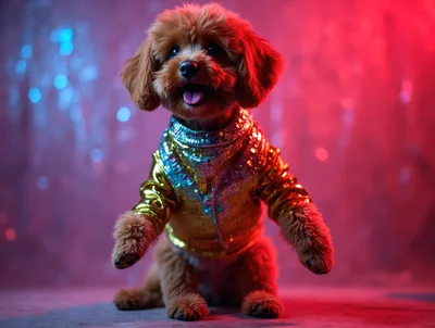 Cute Poodle Puppy Wearing A Shiny Disco Jacket