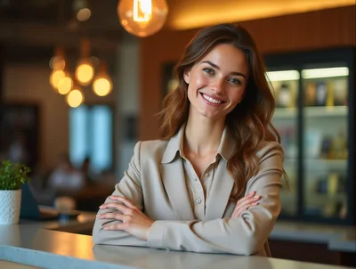 Professional Businesswoman Smiling At A Modern Office Counter