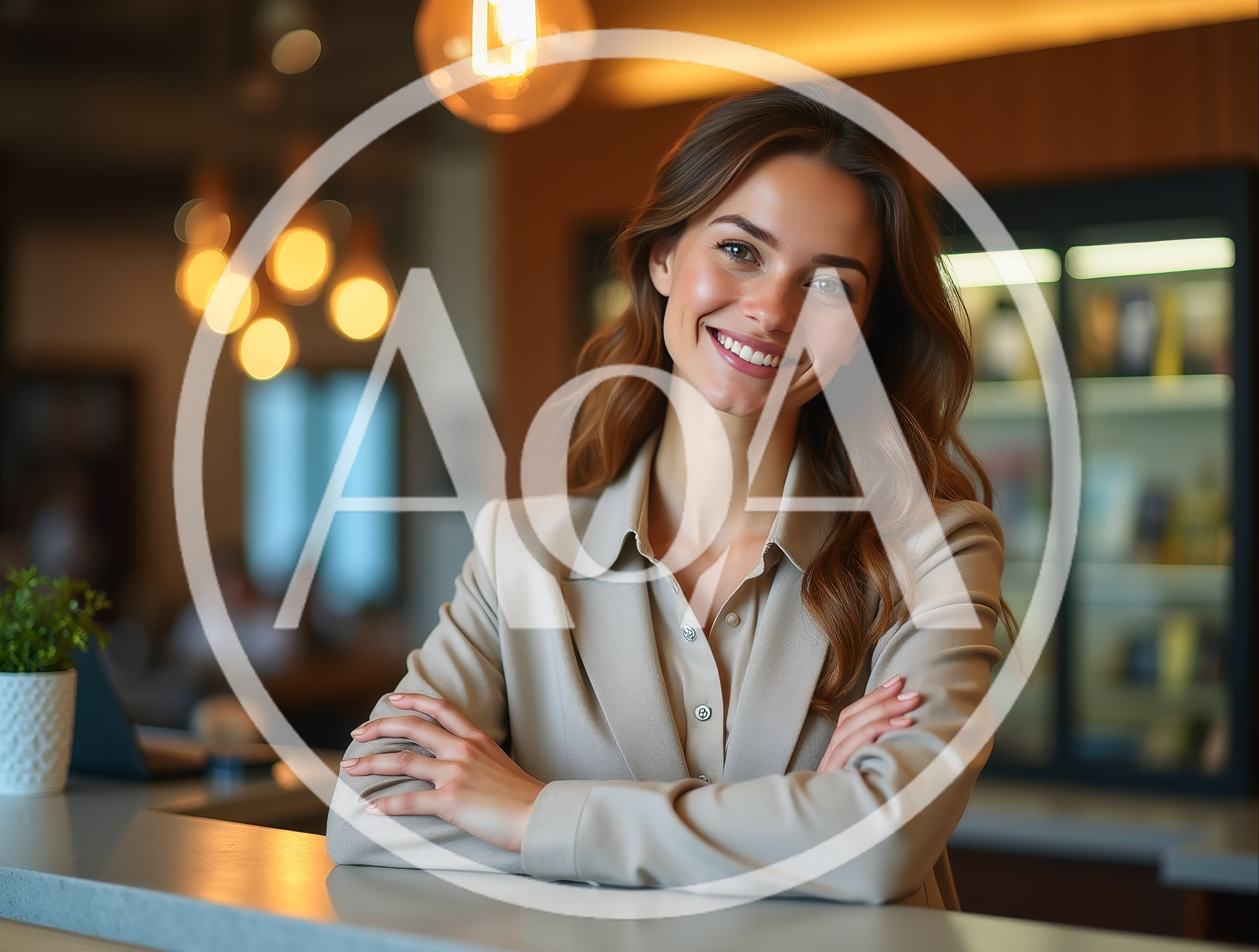 Professional Businesswoman Smiling At A Modern Office Counter