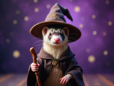 Cute Ferret Dressed As A Wizard With A Staff