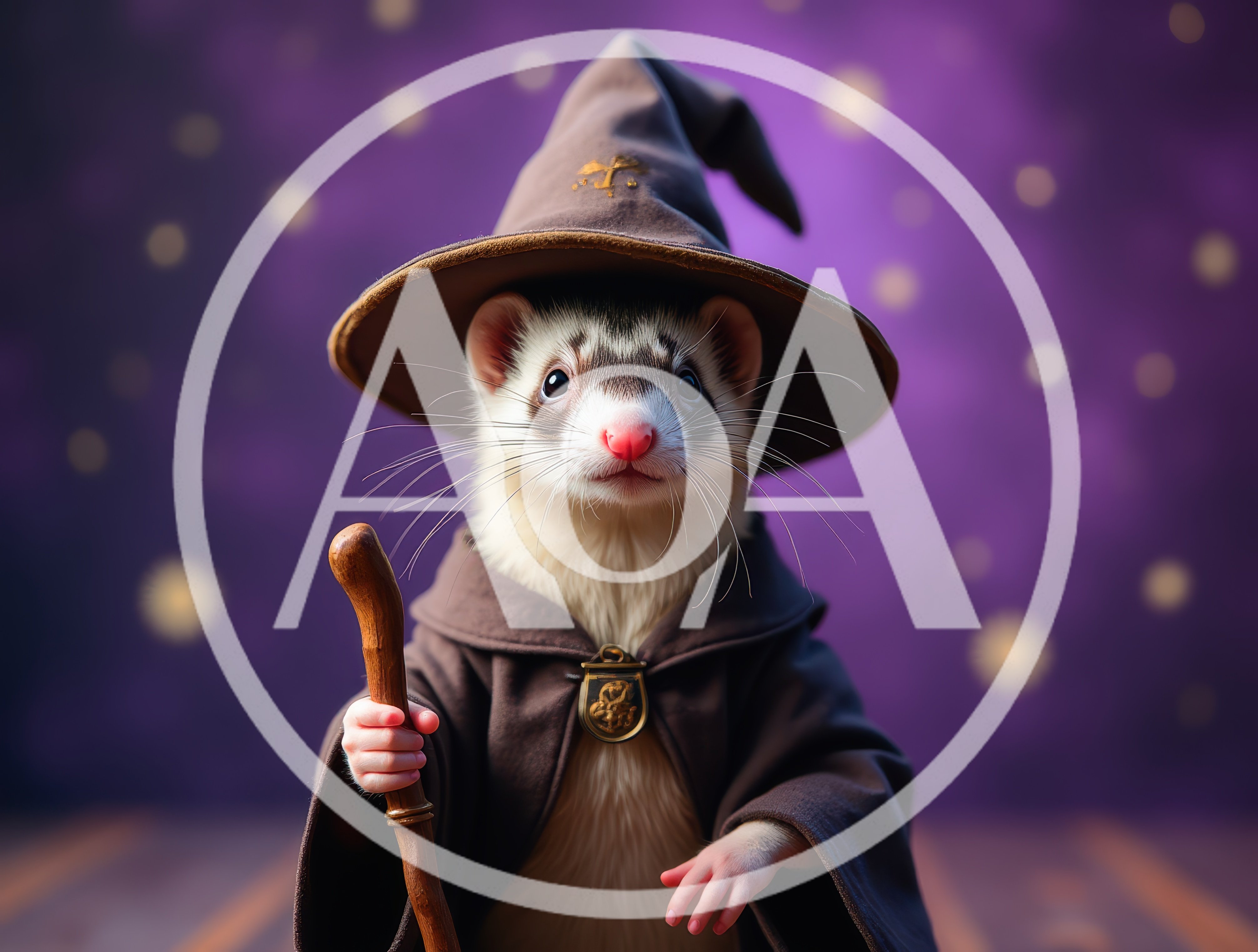 Cute Ferret Dressed As A Wizard With A Staff