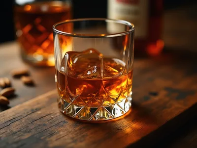 Glass Of Whiskey With Ice On Wooden Table