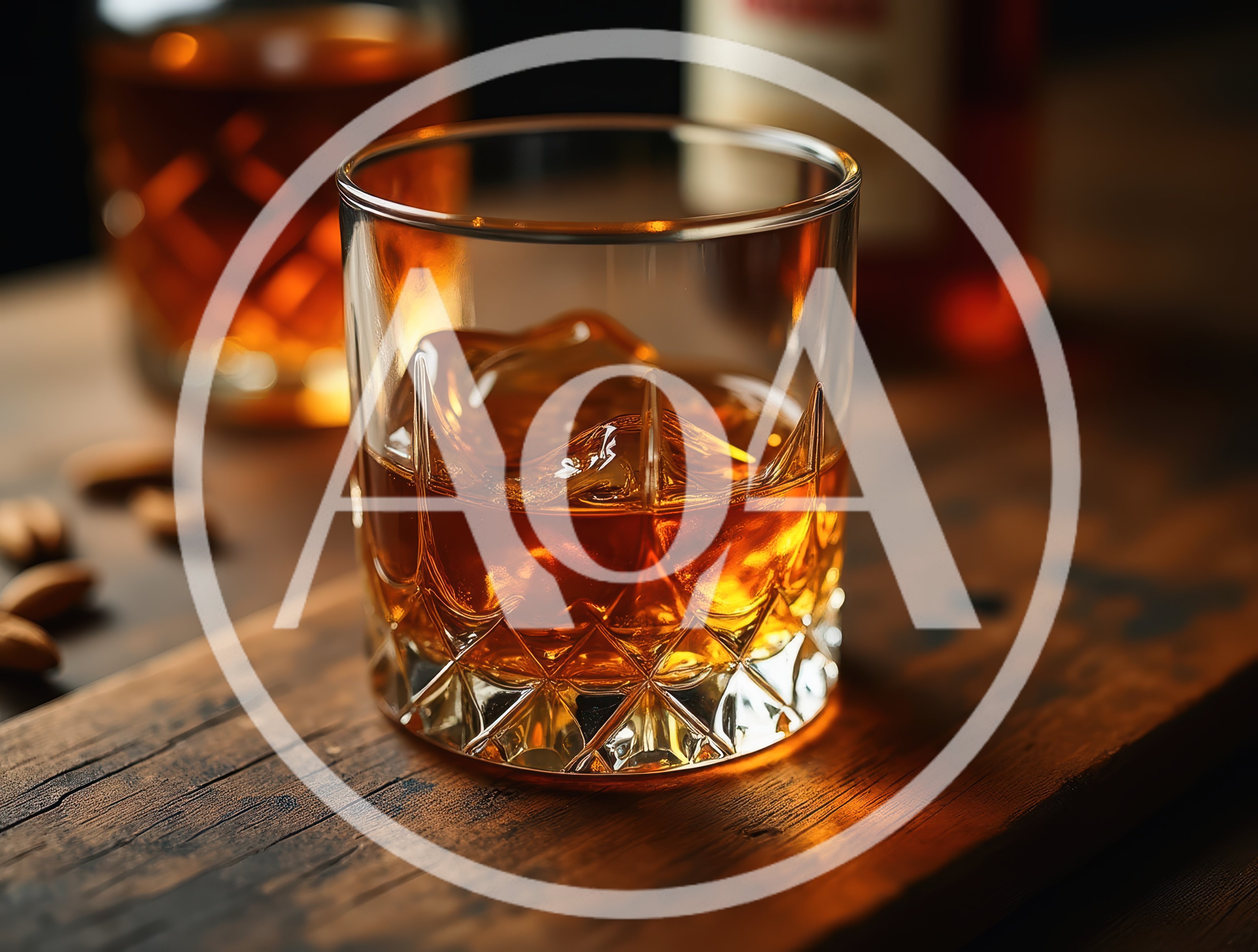 Glass Of Whiskey With Ice On Wooden Table