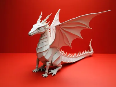 White Paper Dragon Sculpture On Red Background