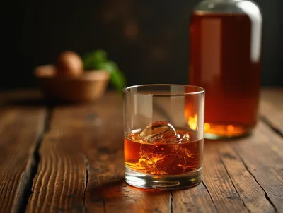 Glass Of Whiskey With Ice On A Wooden Table