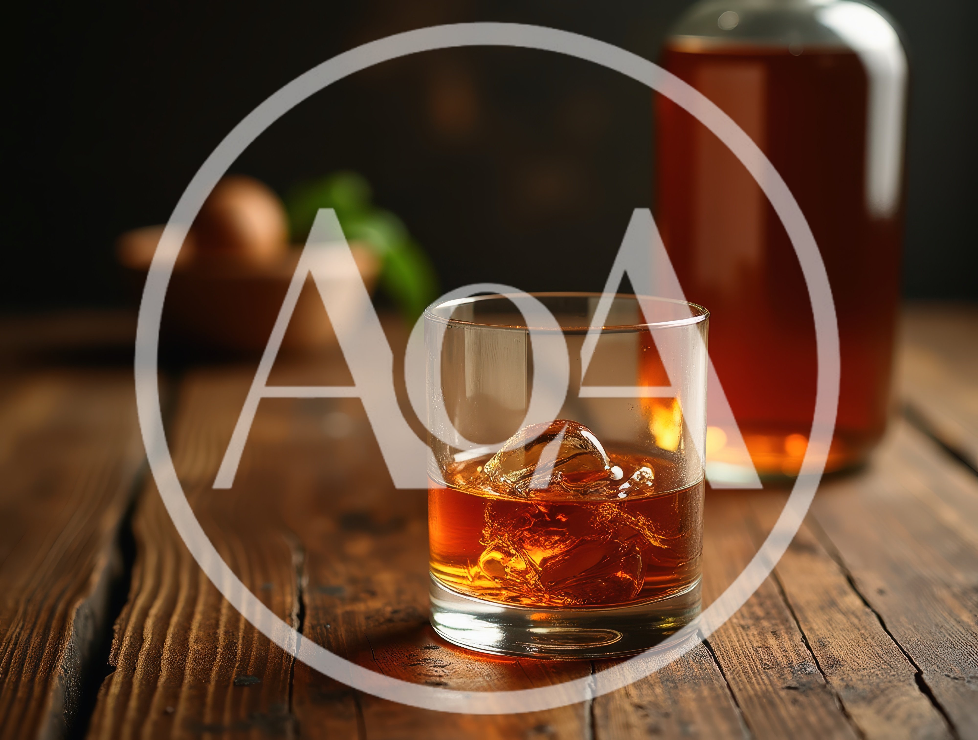 Glass Of Whiskey With Ice On A Wooden Table