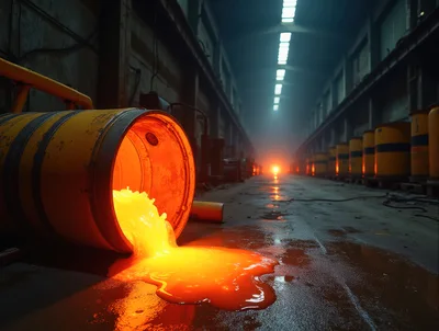 Molten Metal Spilling From Industrial Barrel