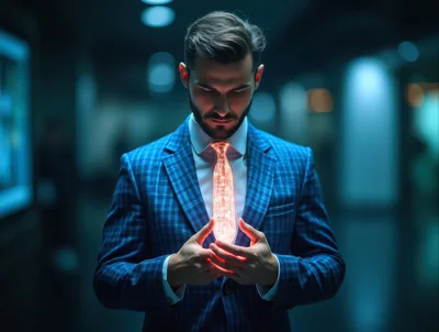 Businessman Holding Glowing Digital Data Tie