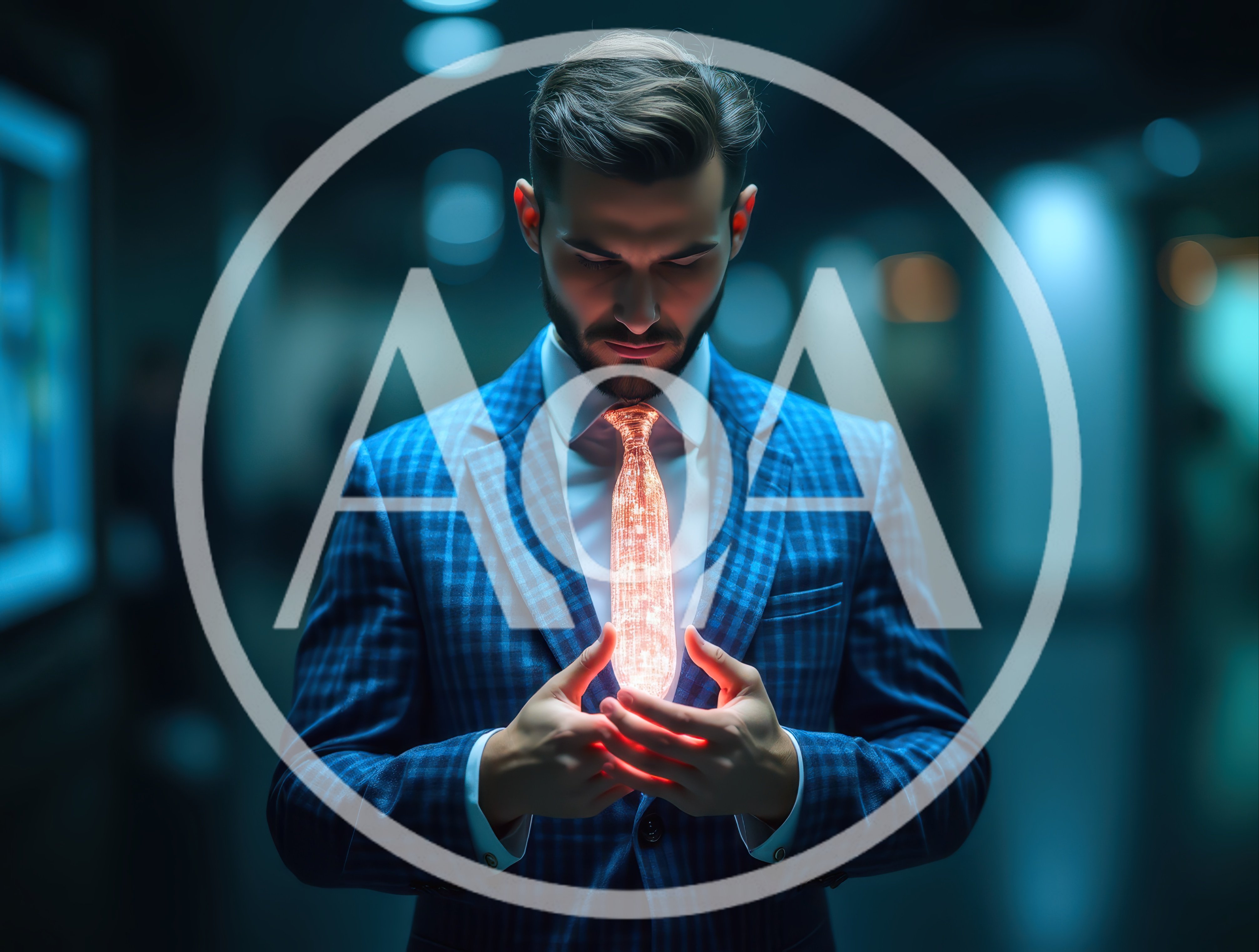 Businessman Holding Glowing Digital Data Tie