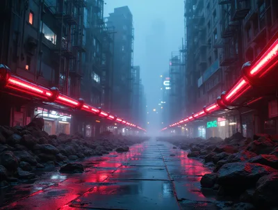 Cyberpunk City Street With Glowing Red Neon Lights