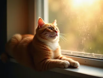 Ginger Tabby Cat Resting On A Sunny Windowsill