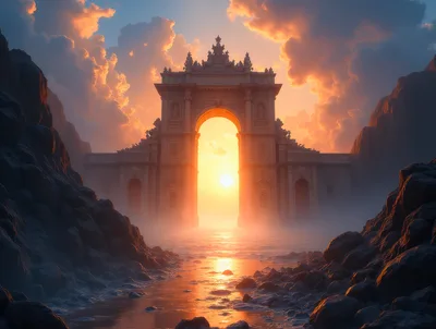 Grand Stone Archway At Sunset Over Water