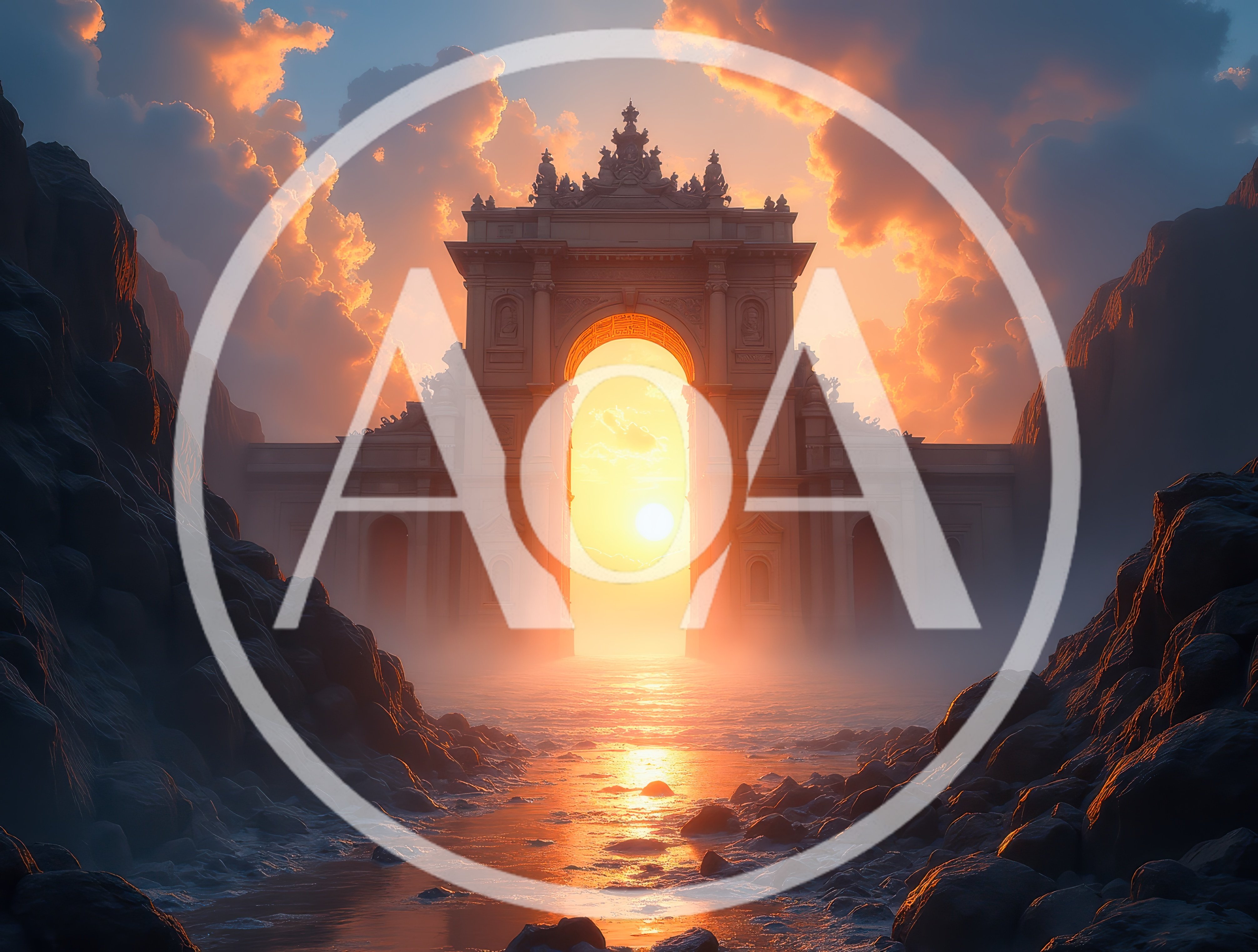Grand Stone Archway At Sunset Over Water