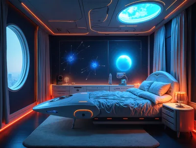 Futuristic Sci-Fi Bedroom With Glowing Celestial Wall Art