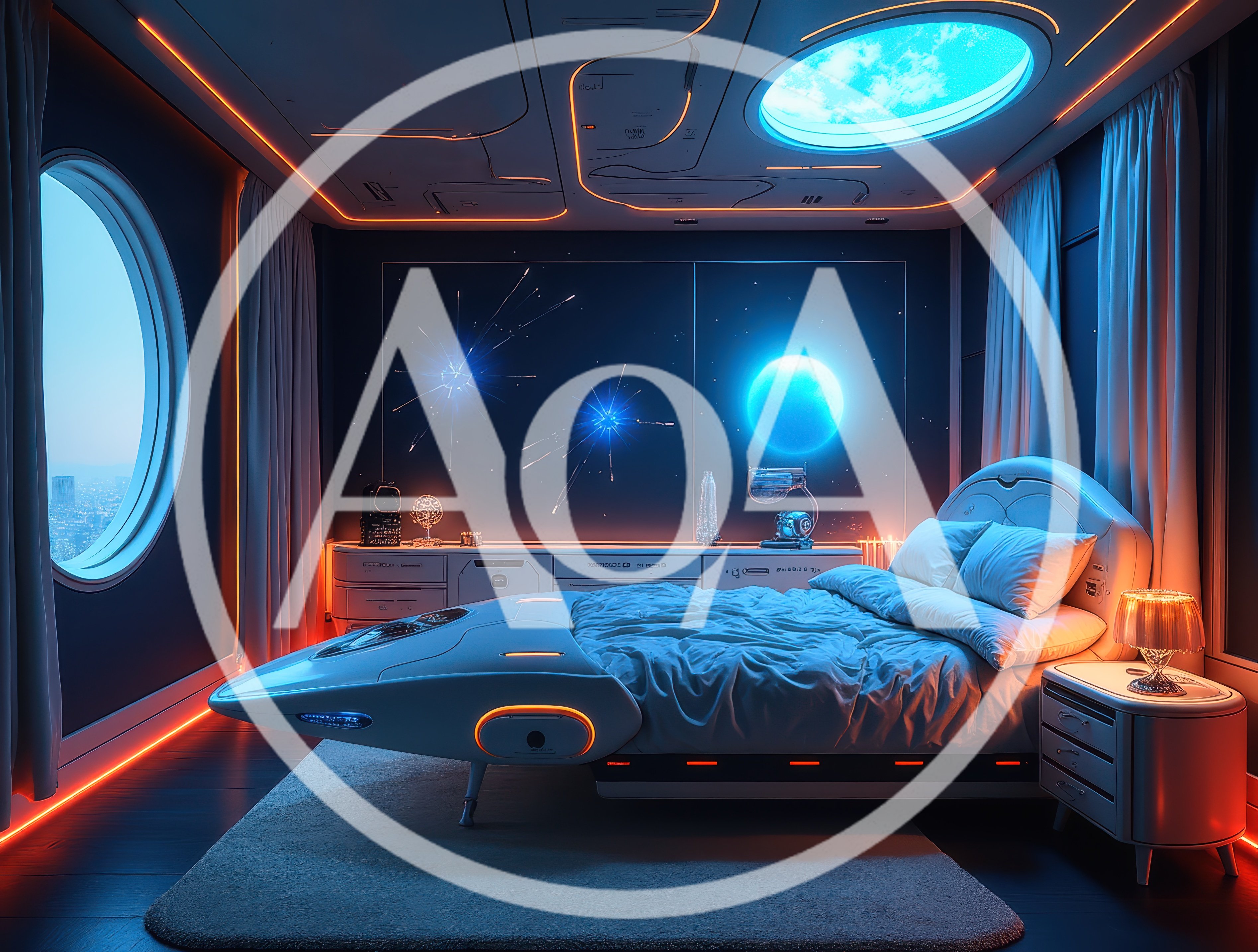 Futuristic Sci-Fi Bedroom With Glowing Celestial Wall Art