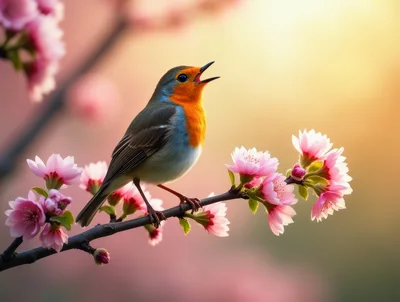 European Robin Singing On A Blooming Cherry Blossom Branch