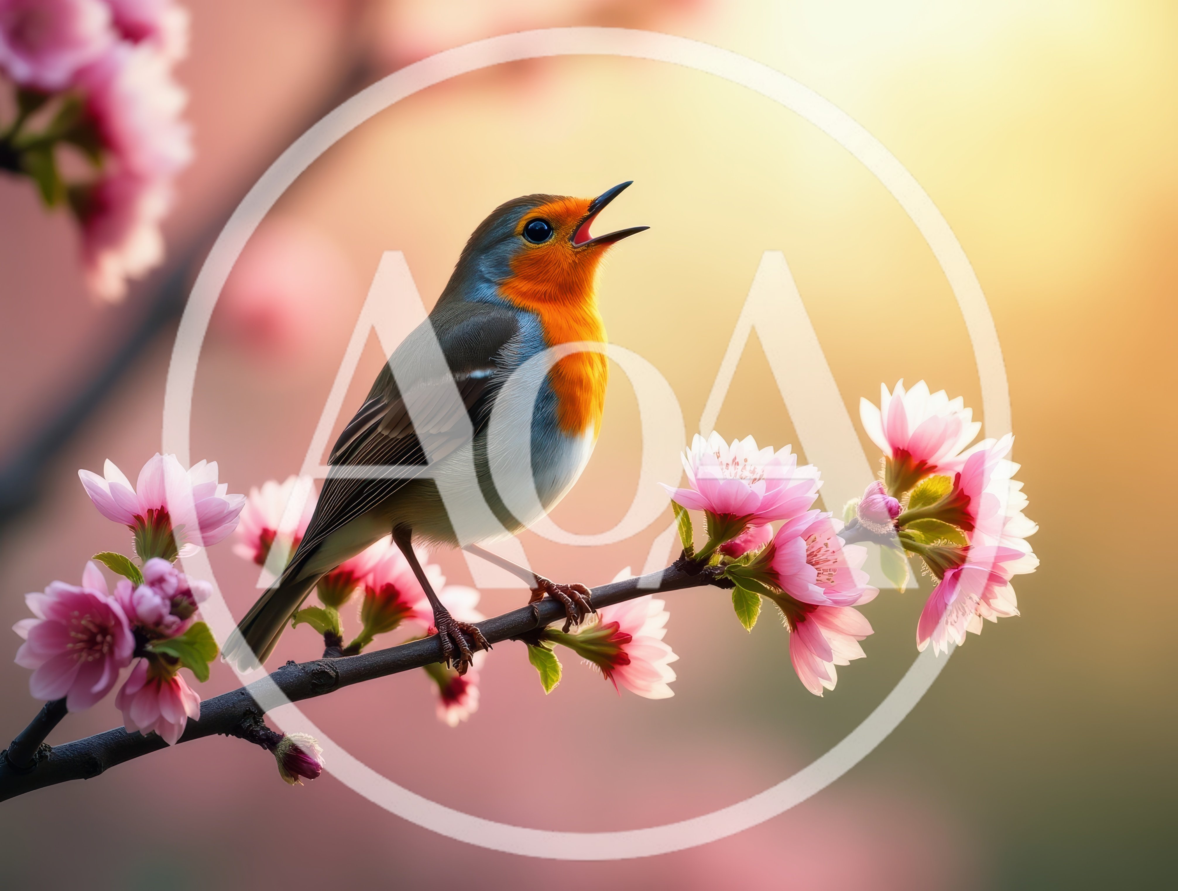 European Robin Singing On A Blooming Cherry Blossom Branch
