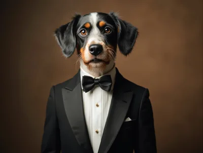 Portrait of a Dog Wearing a Formal Tuxedo
