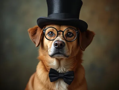 Portrait Of A Dog Wearing A Top Hat And Bowtie