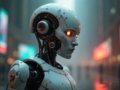Futuristic Android Robot Standing In A Neon City