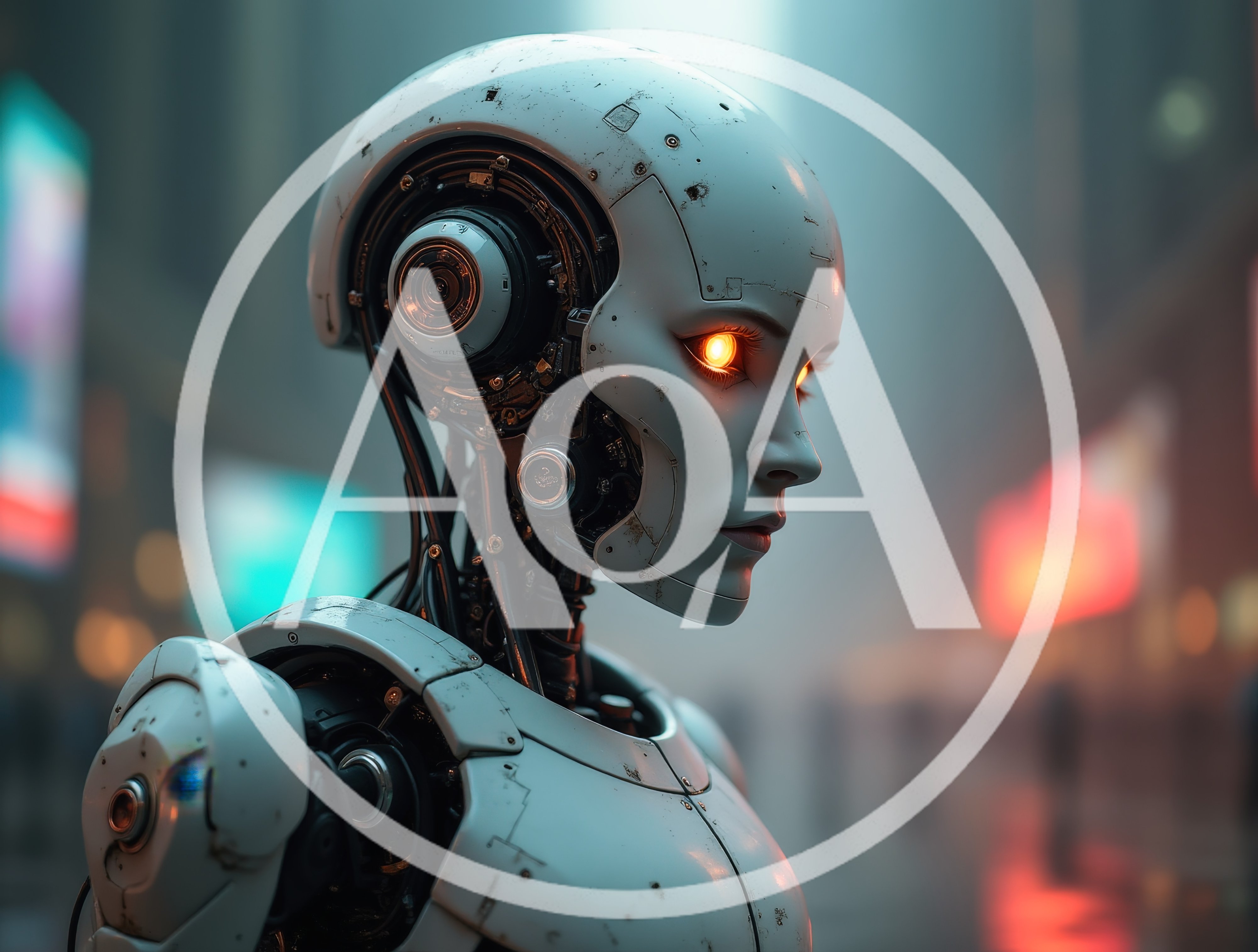 Futuristic Android Robot Standing In A Neon City