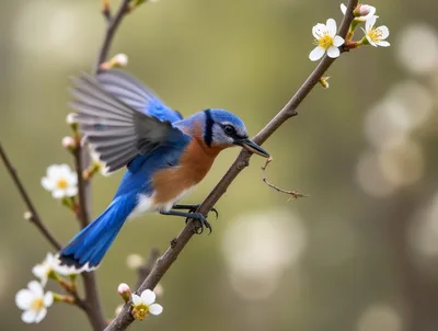 Eastern Bluebird Perched on Flowering Branch