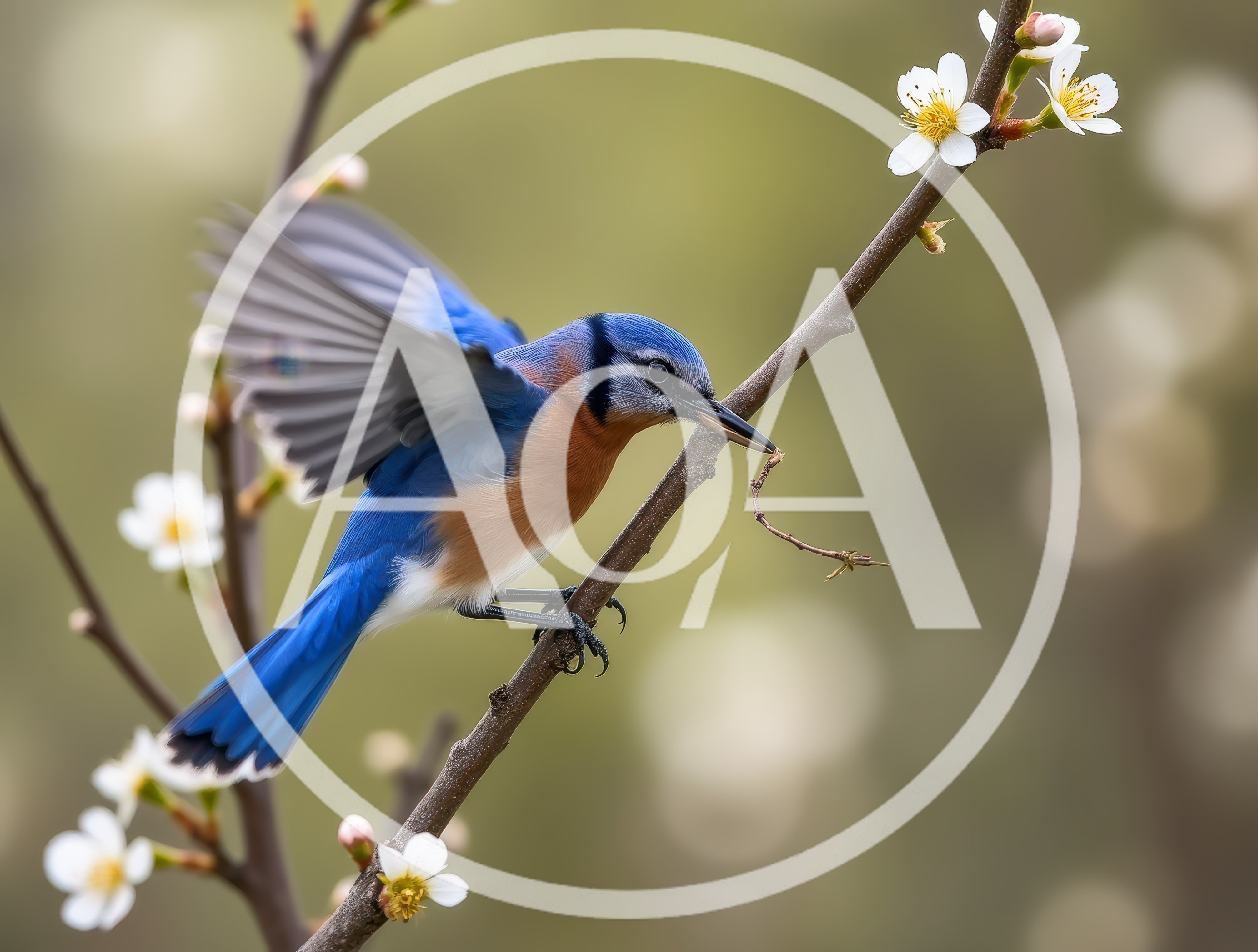 Eastern Bluebird Perched on Flowering Branch