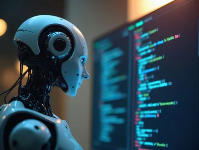 Humanoid Robot Analyzing Computer Code On Screen