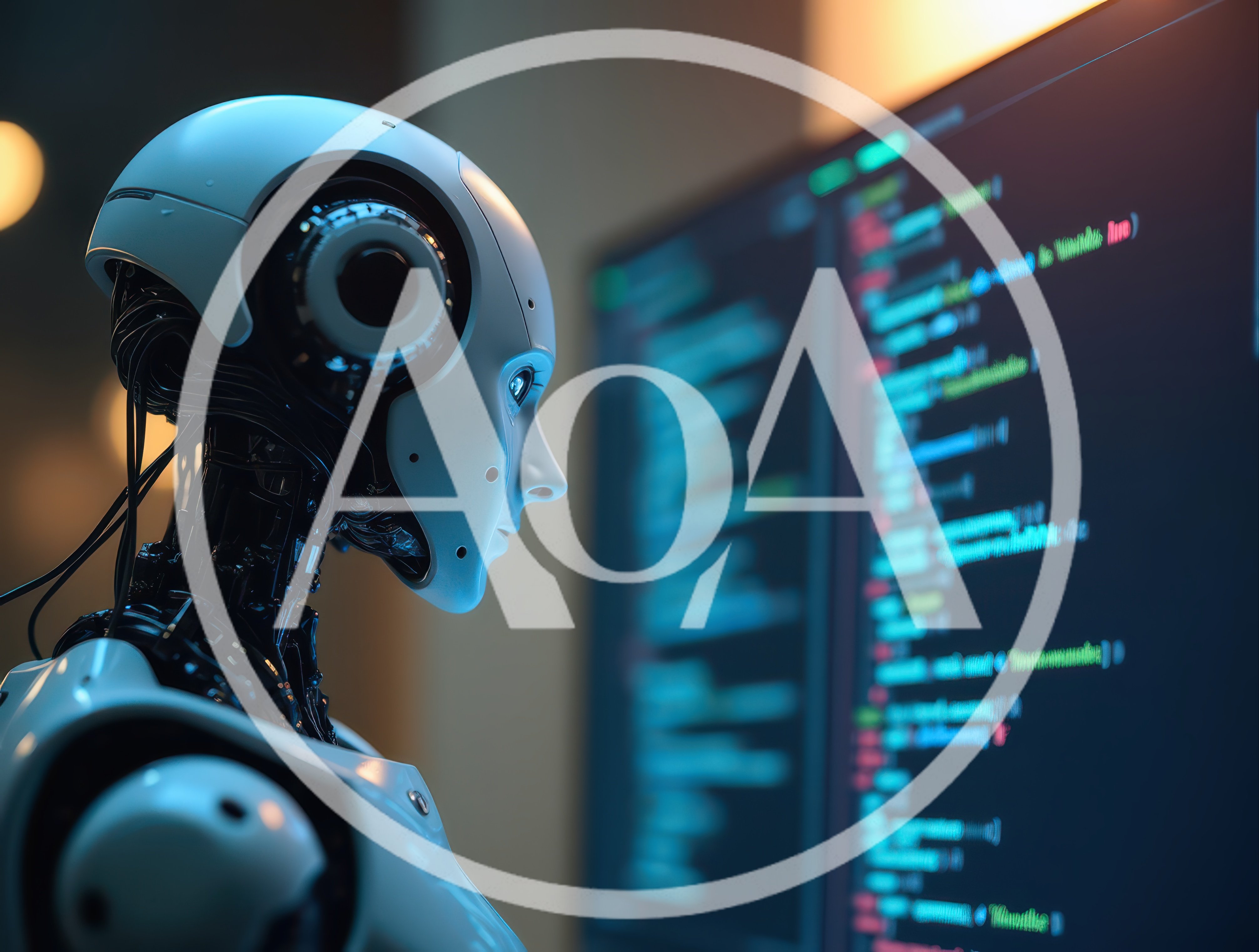 Humanoid Robot Analyzing Computer Code On Screen