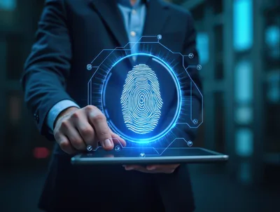 Businessman Interacting With Digital Fingerprint Security Interface