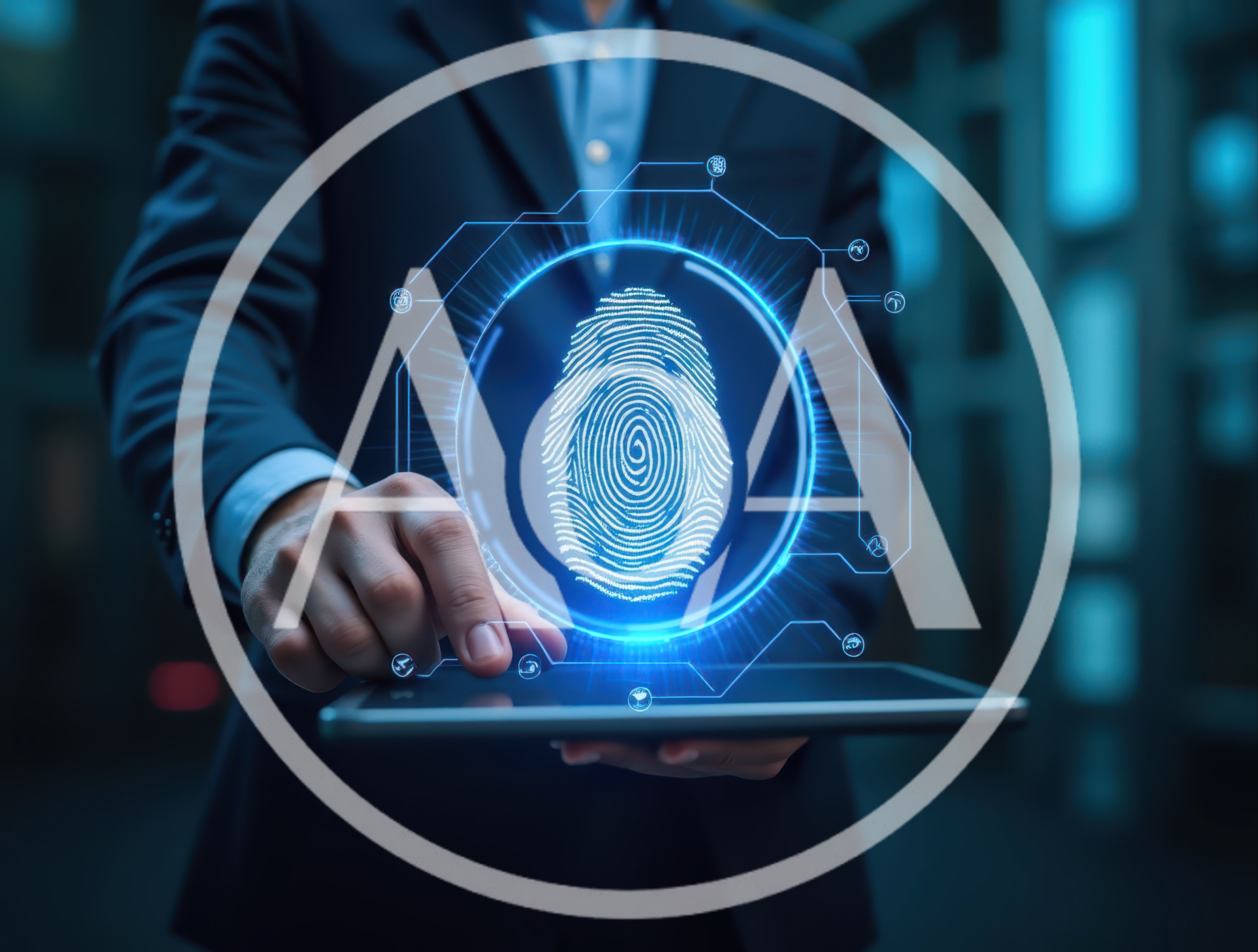 Businessman Interacting With Digital Fingerprint Security Interface