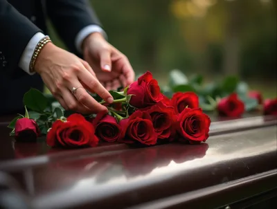 Person Placing Red Roses On A Casket
