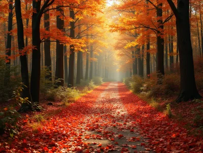 Autumn Forest Path Covered In Vibrant Red Leaves