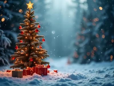 Decorated Christmas Tree With Gifts In Snowy Forest