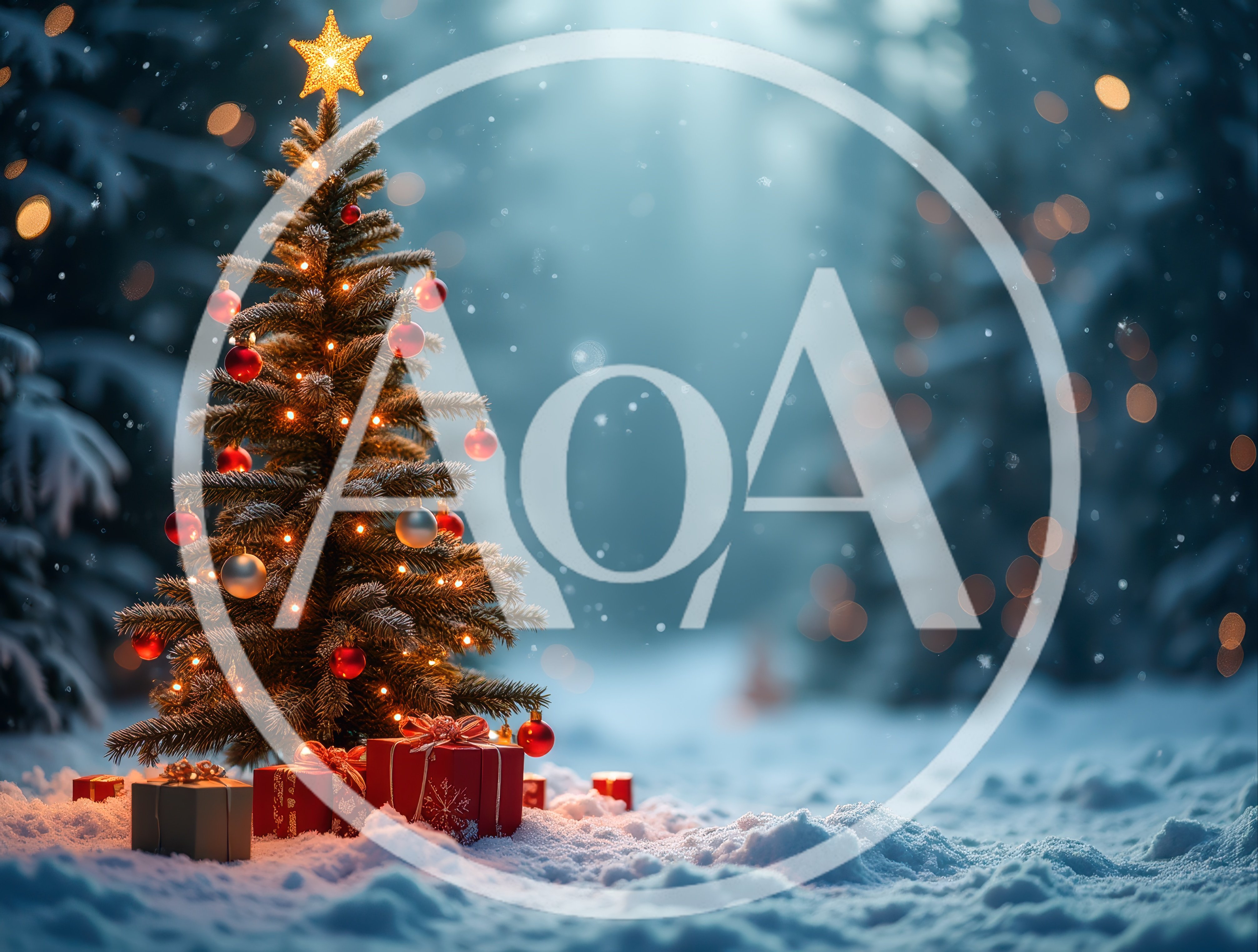 Decorated Christmas Tree With Gifts In Snowy Forest