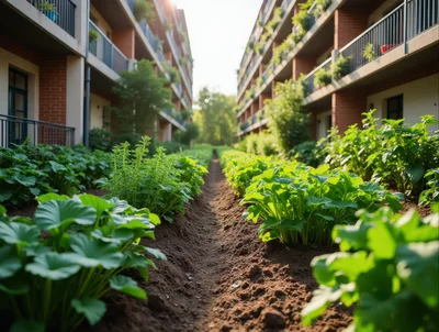 Urban Community Garden Between Modern Apartment Buildings