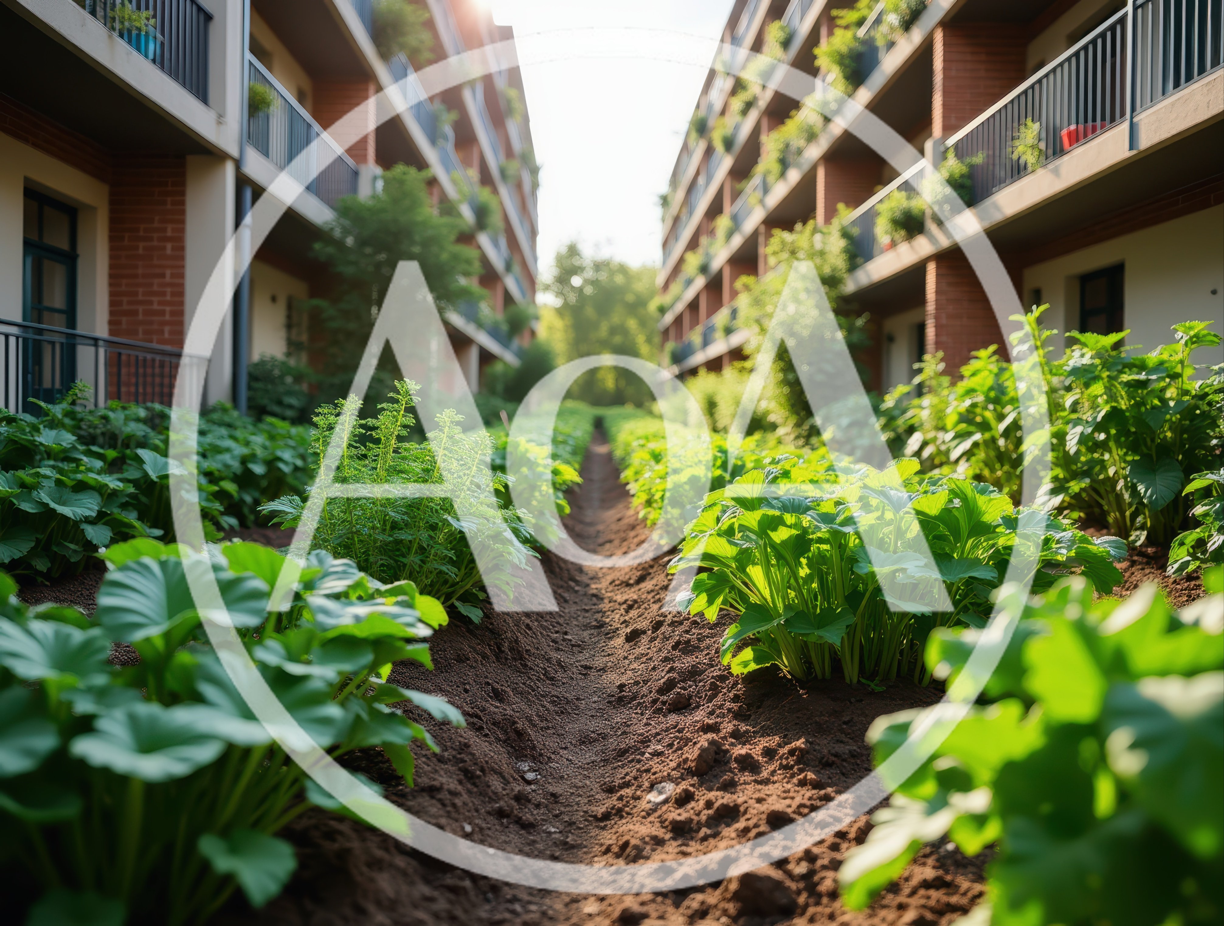 Urban Community Garden Between Modern Apartment Buildings