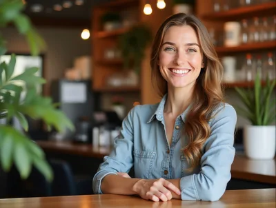 Smiling Young Woman Sitting At A Cafe Counter