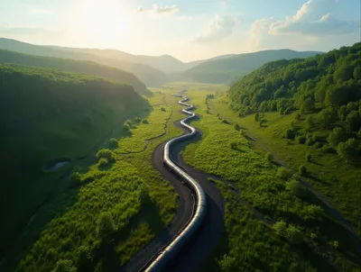 Aerial View Of A Winding Pipeline Through Green Valley
