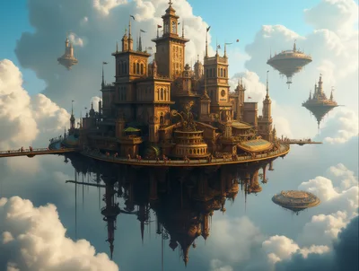 Steampunk Floating City In The Clouds