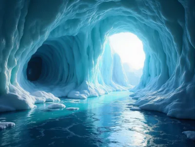 Majestic Ice Cave With Flowing Glacial Water