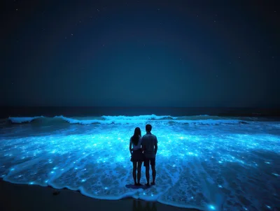 Couple Standing On Beach With Bioluminescent Waves