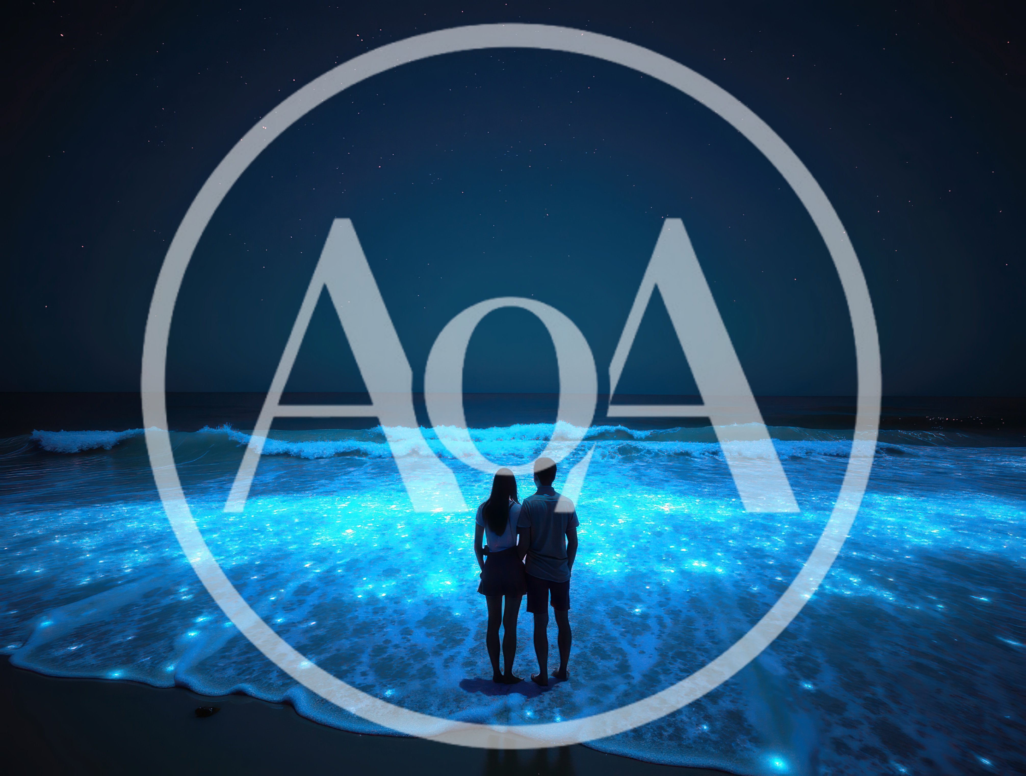 Couple Standing On Beach With Bioluminescent Waves
