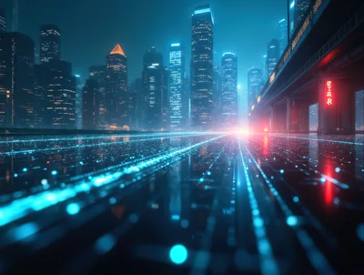Futuristic Cyberpunk Cityscape With Glowing Digital Data Streams