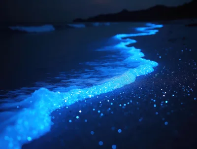 Bioluminescent Waves Glowing On A Dark Tropical Beach