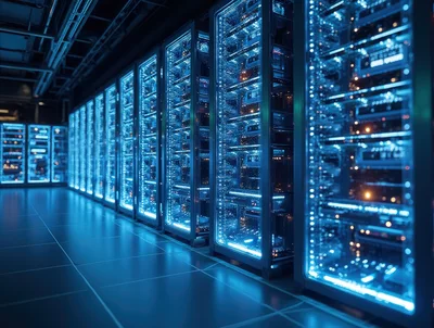 Modern Data Center Server Room With Glowing Blue Lights