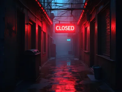 Neon Closed Sign In A Dark Moody Alleyway