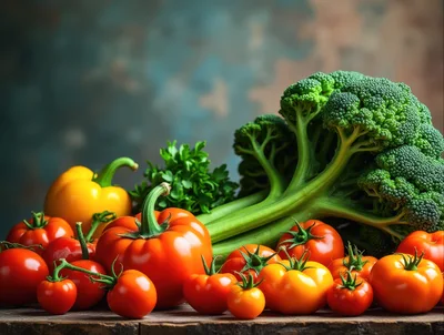 Fresh Assorted Vegetables On A Rustic Wooden Table